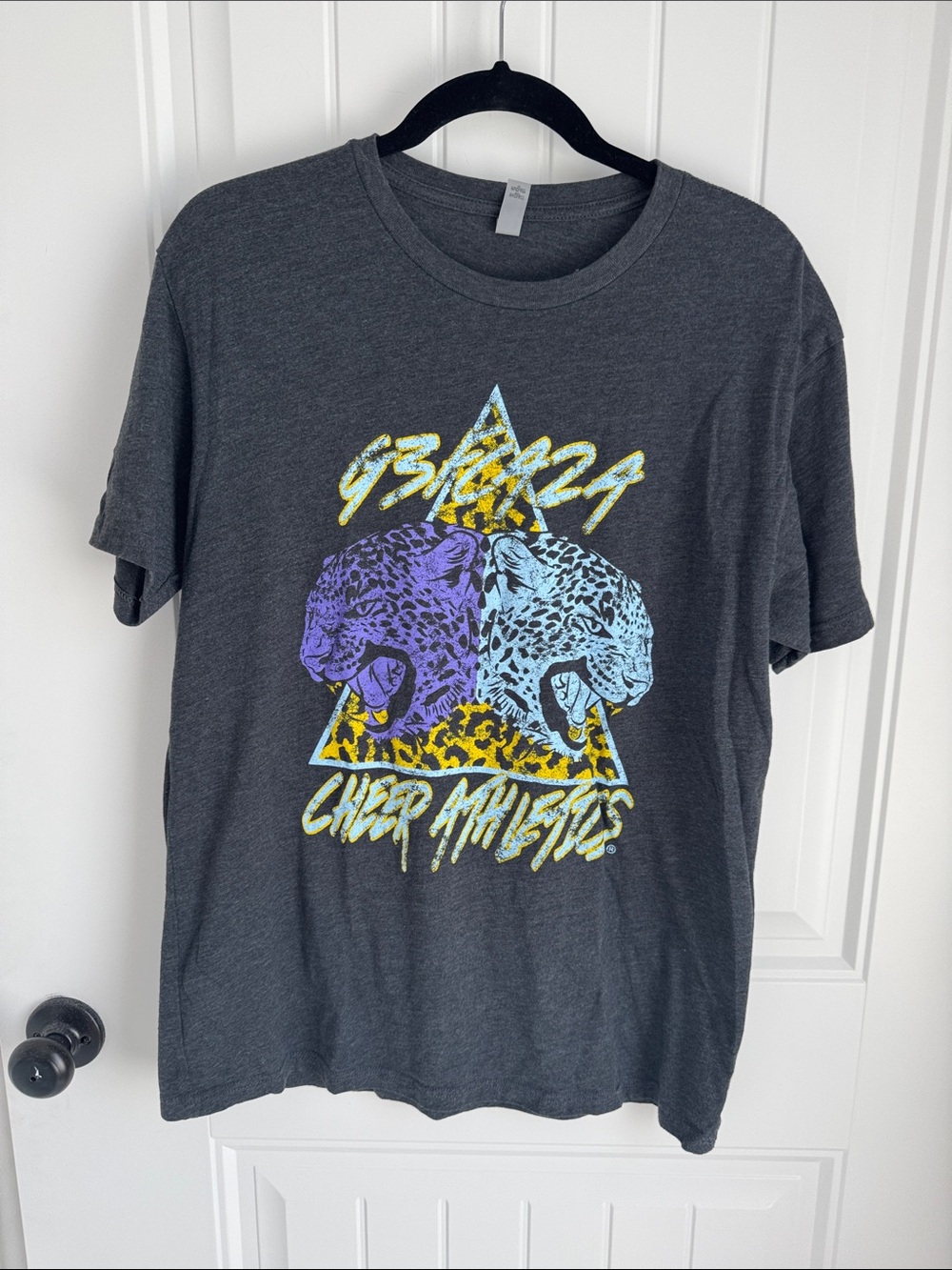 Cheer Athletics Charcoal Graphic Tee with Purple & Light Blue Leopard Print